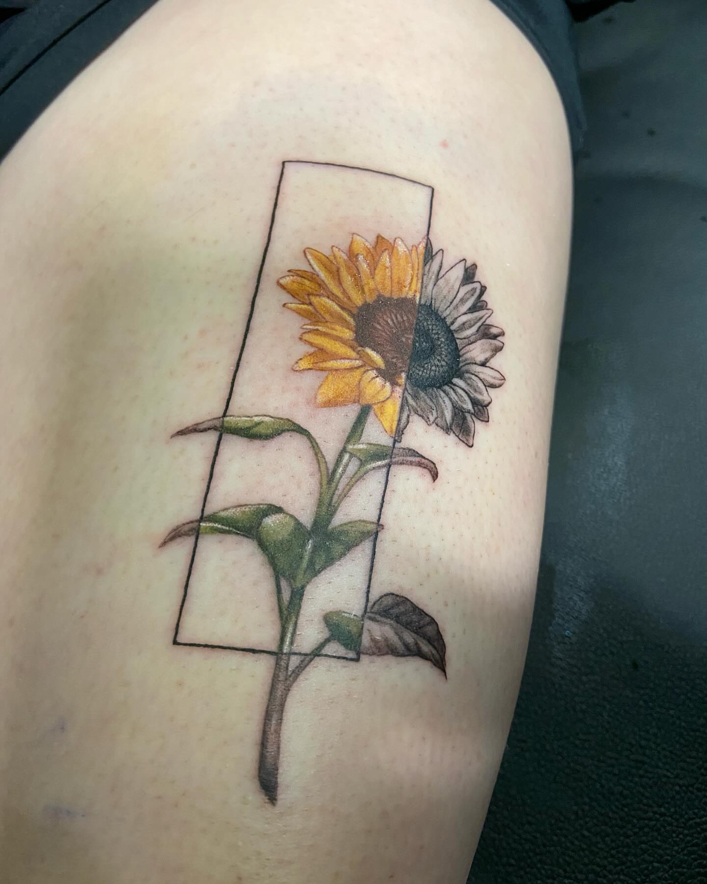 Sunflower realism tattoo on the shoulder by Slade Nowicki