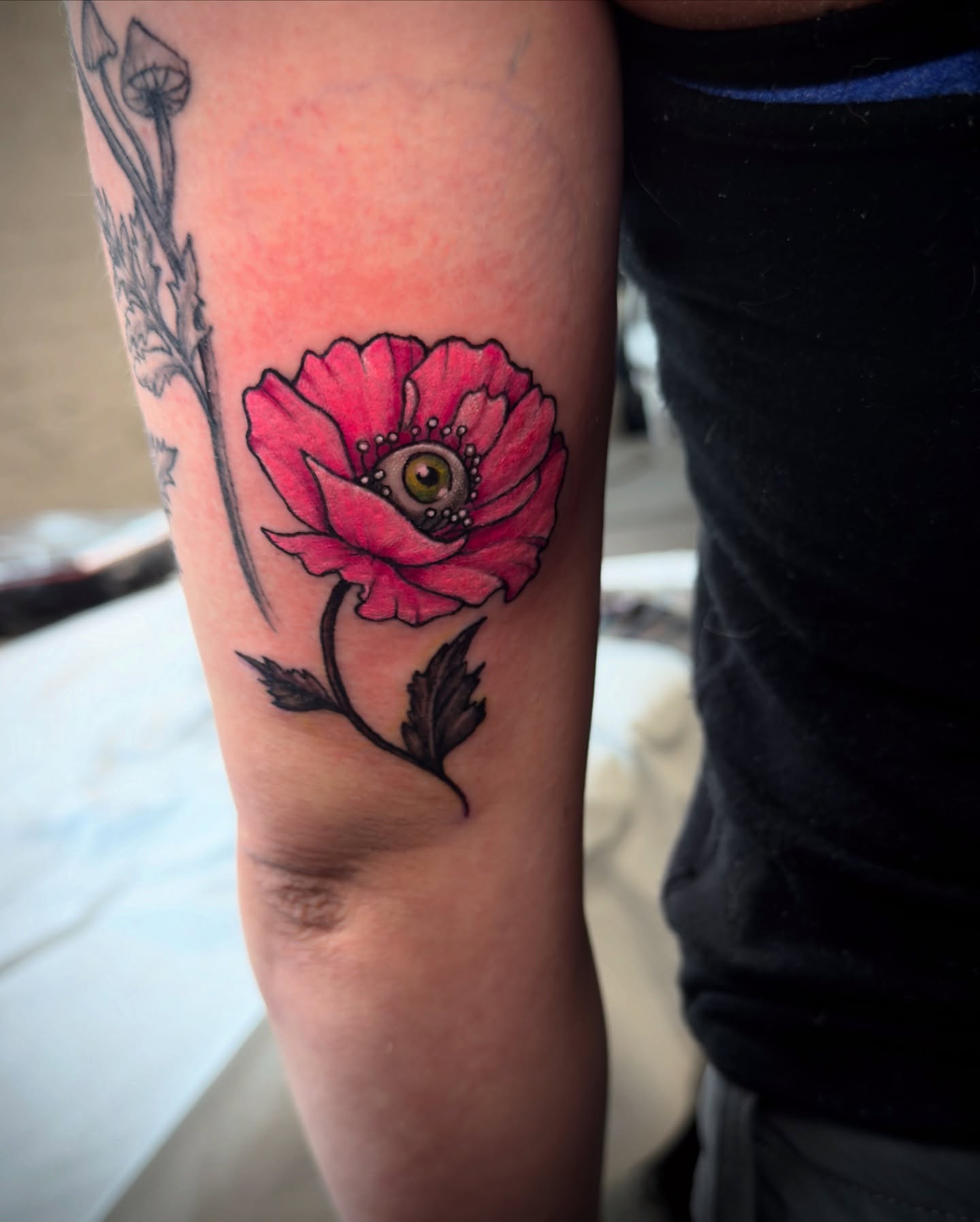 Poppy flower dotwork tattoo on the forearm by Jeff Brock