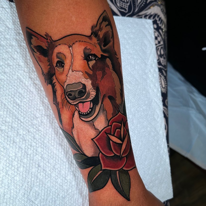 Dog with rose realism tattoo on the forearm by Lexi Kniskern
