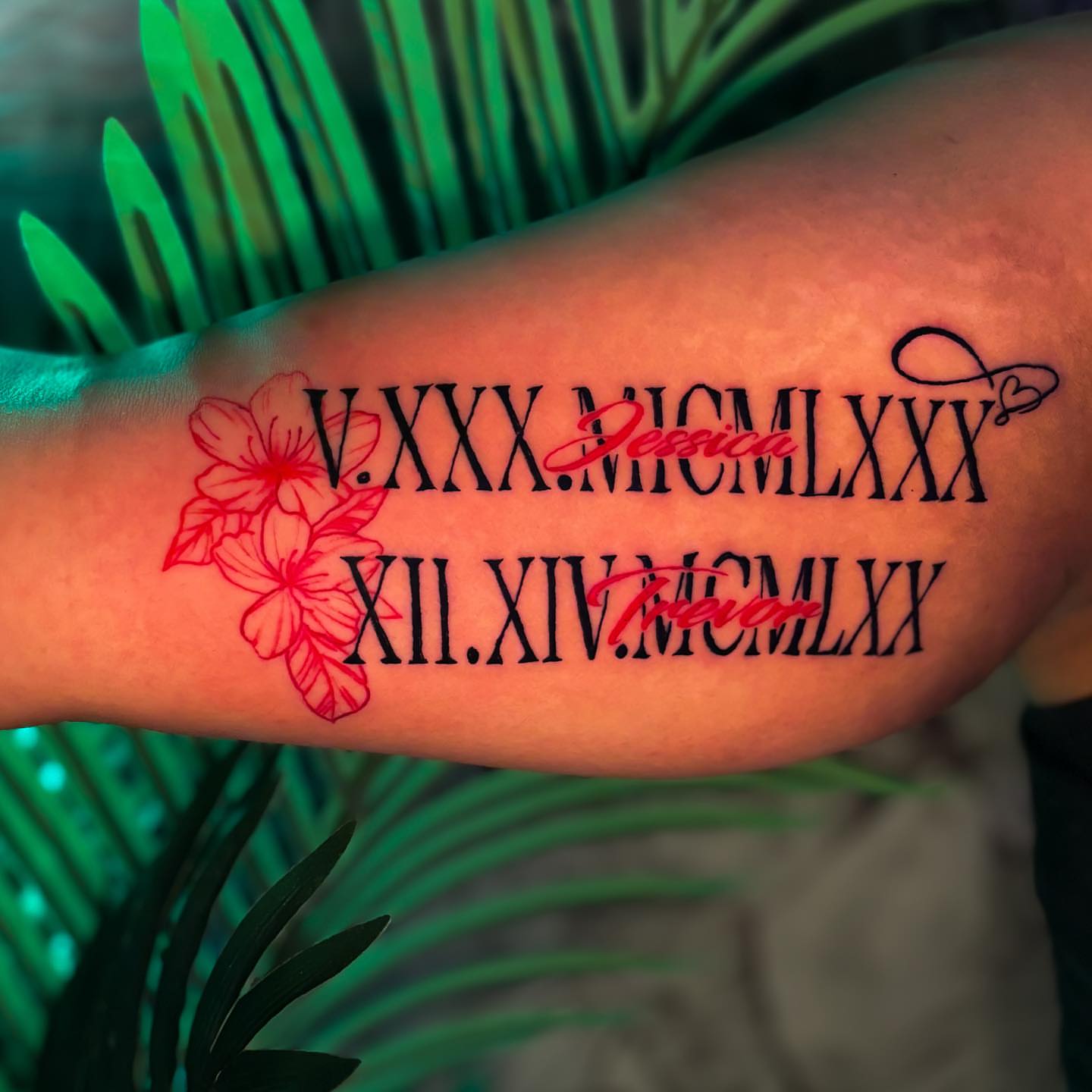 Roman numerals and flowers lettering script tattoo on the forearm by Shane Boss, Toronto, Ontario