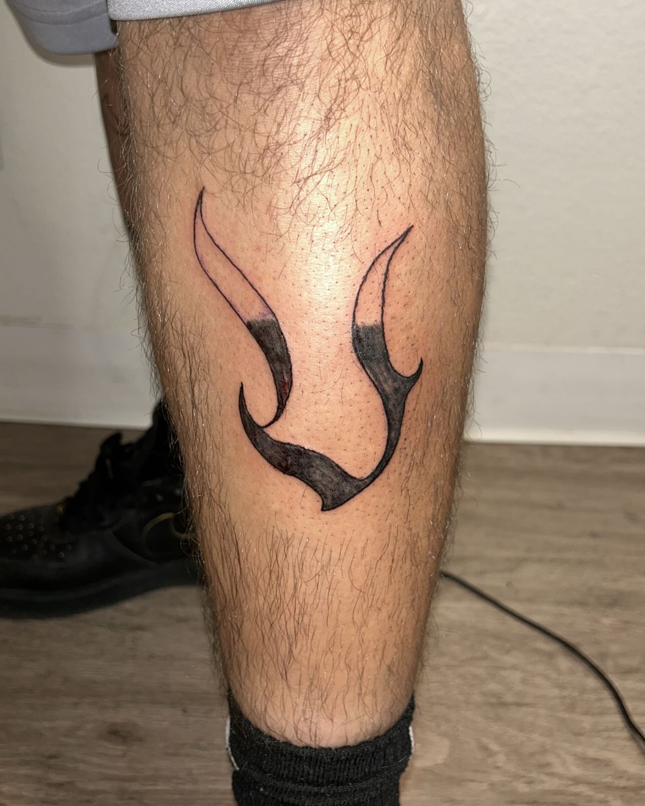 Flame black and grey tattoo on the calf by 702tattoo💉🩸