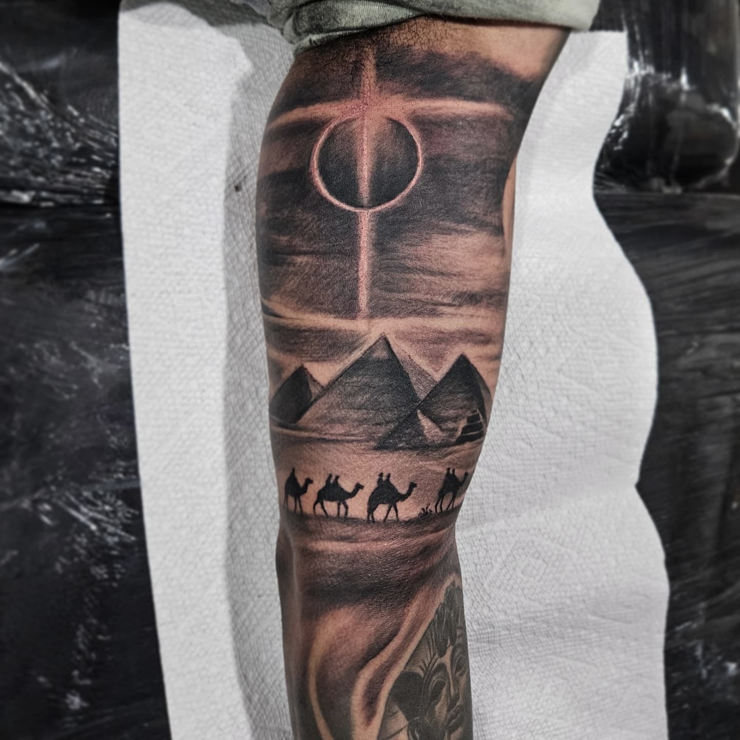 Pyramids and camels geometric tattoo on the forearm by "El Jose" Tattoo