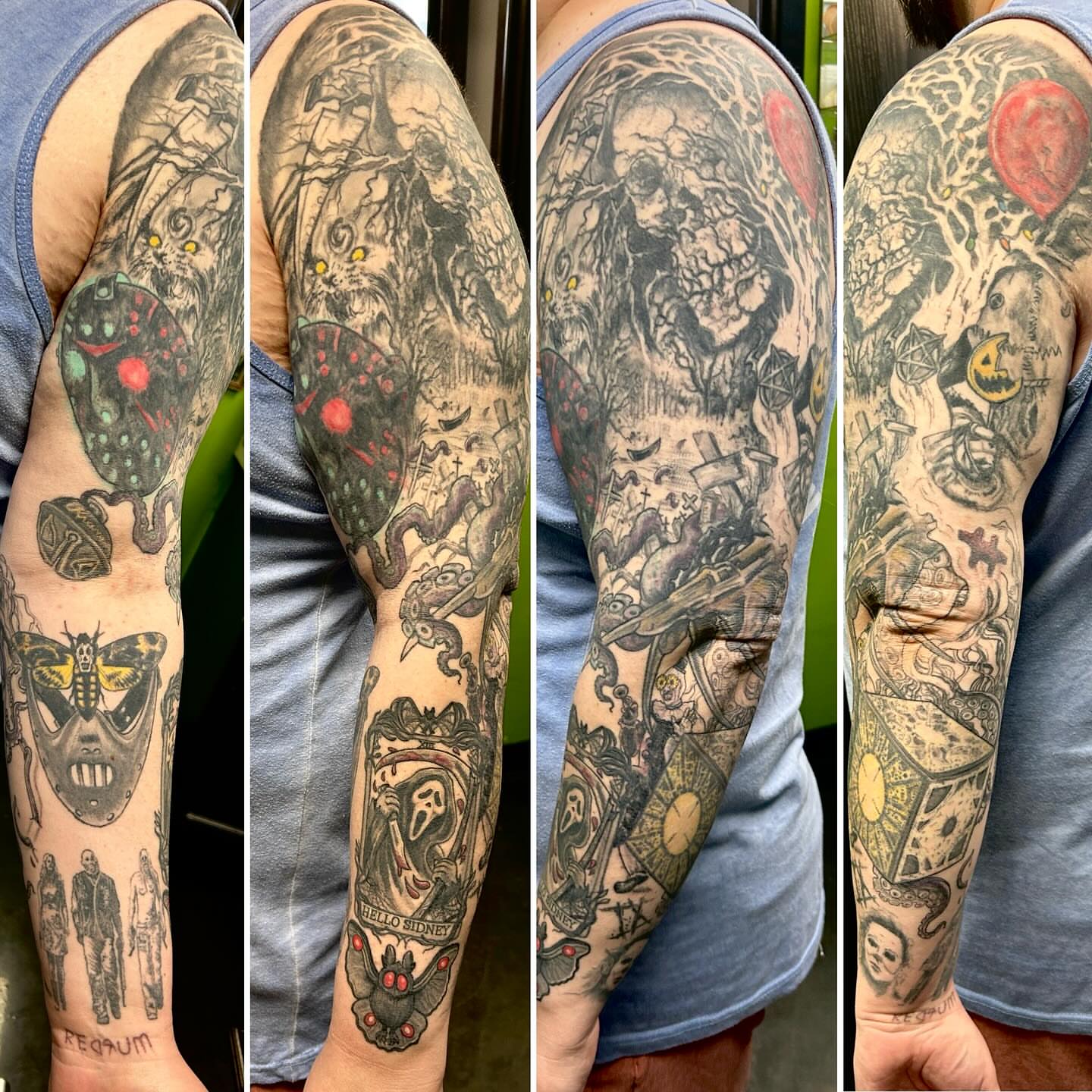 Horror movie characters American traditional tattoo on the upper arm by B Hendrix, Cuyahoga Falls, Ohio