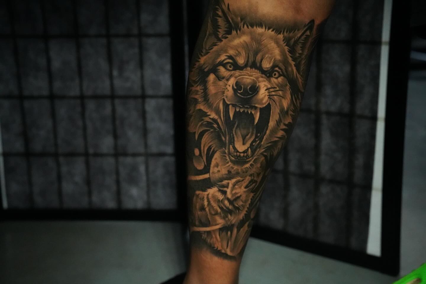 Wolf realism tattoo on the forearm by Miles Johnson