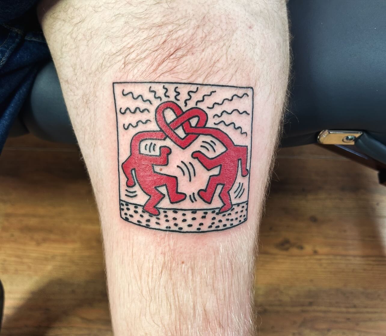 Dancing figures dotwork tattoo on the thigh by Elizabeth Niederkorn