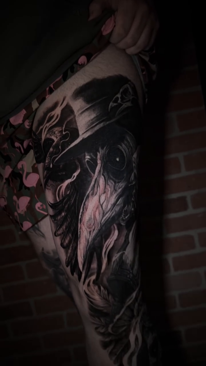 Plague doctor and skulls dark realism tattoo by Chuck James, Roseville, California