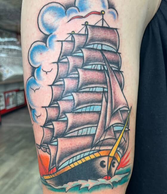 Sailboat American traditional tattoo on the forearm by Steve Tiberi