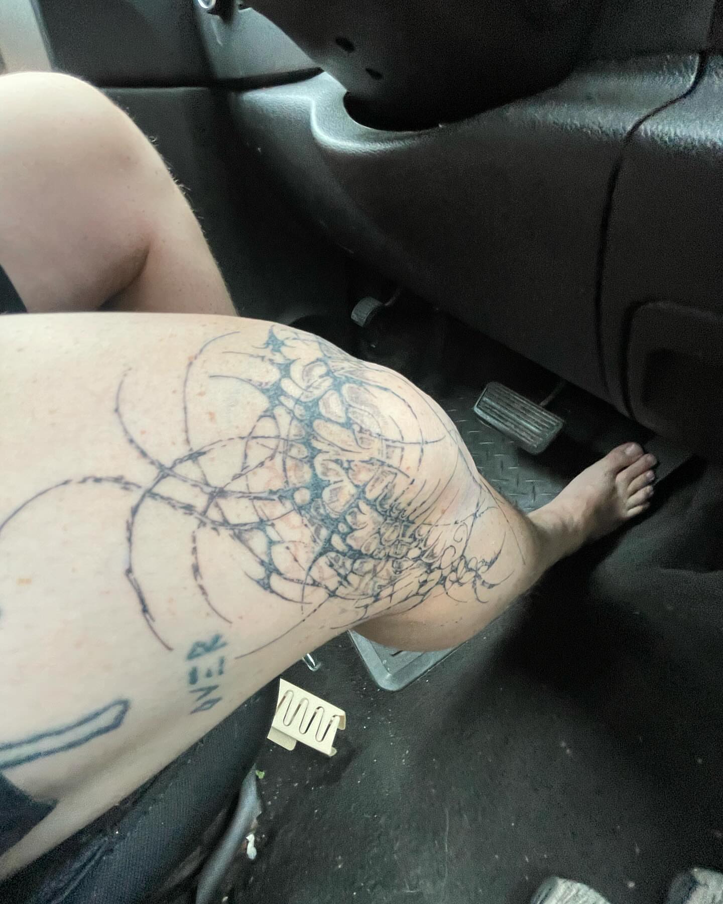 Barbed wire black and grey tattoo on the thigh by @initiationoftorture