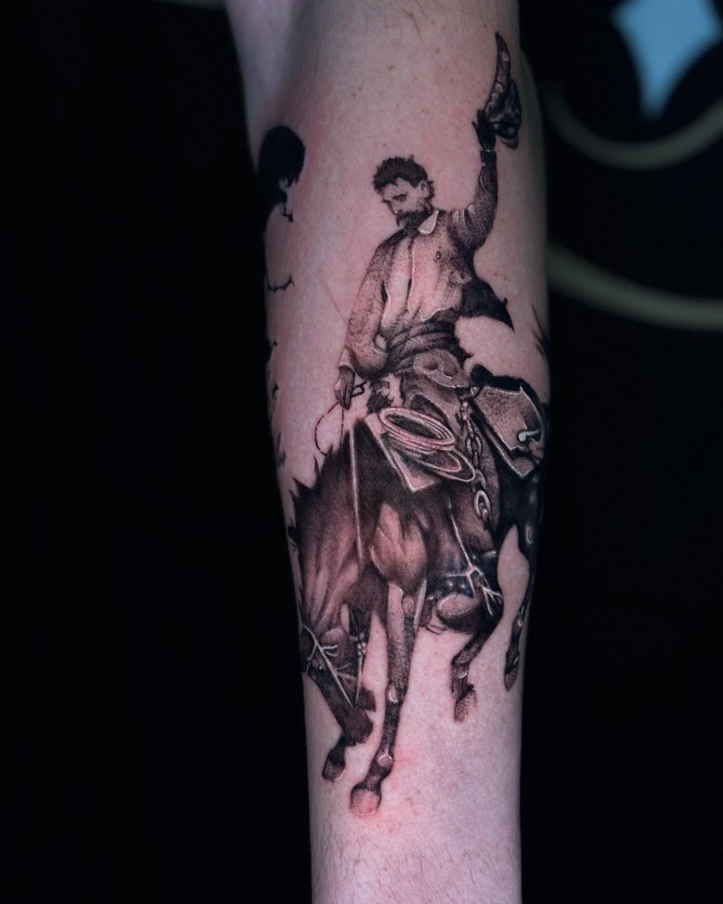 Cowboy on horseback realism tattoo on the forearm by ★𝔗𝔞𝔱𝔱𝔬𝔬𝔰 𝔟𝔶 𝔗𝔢𝔞𝔙𝔞𝔫𝔊𝔬𝔤𝔥 ★