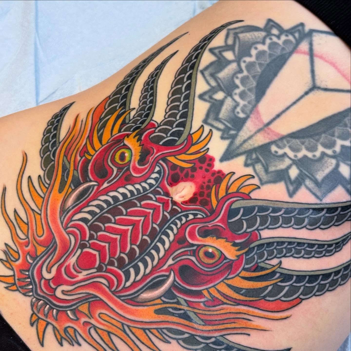 Dragon japanese irezumi tattoo on the thigh by Derek Noble, San Francisco, California