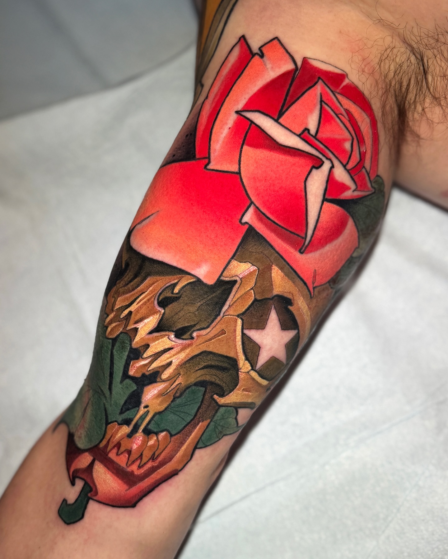 Red rose American traditional tattoo on the forearm by Matt - Neotrad Tattoos, New York, New York