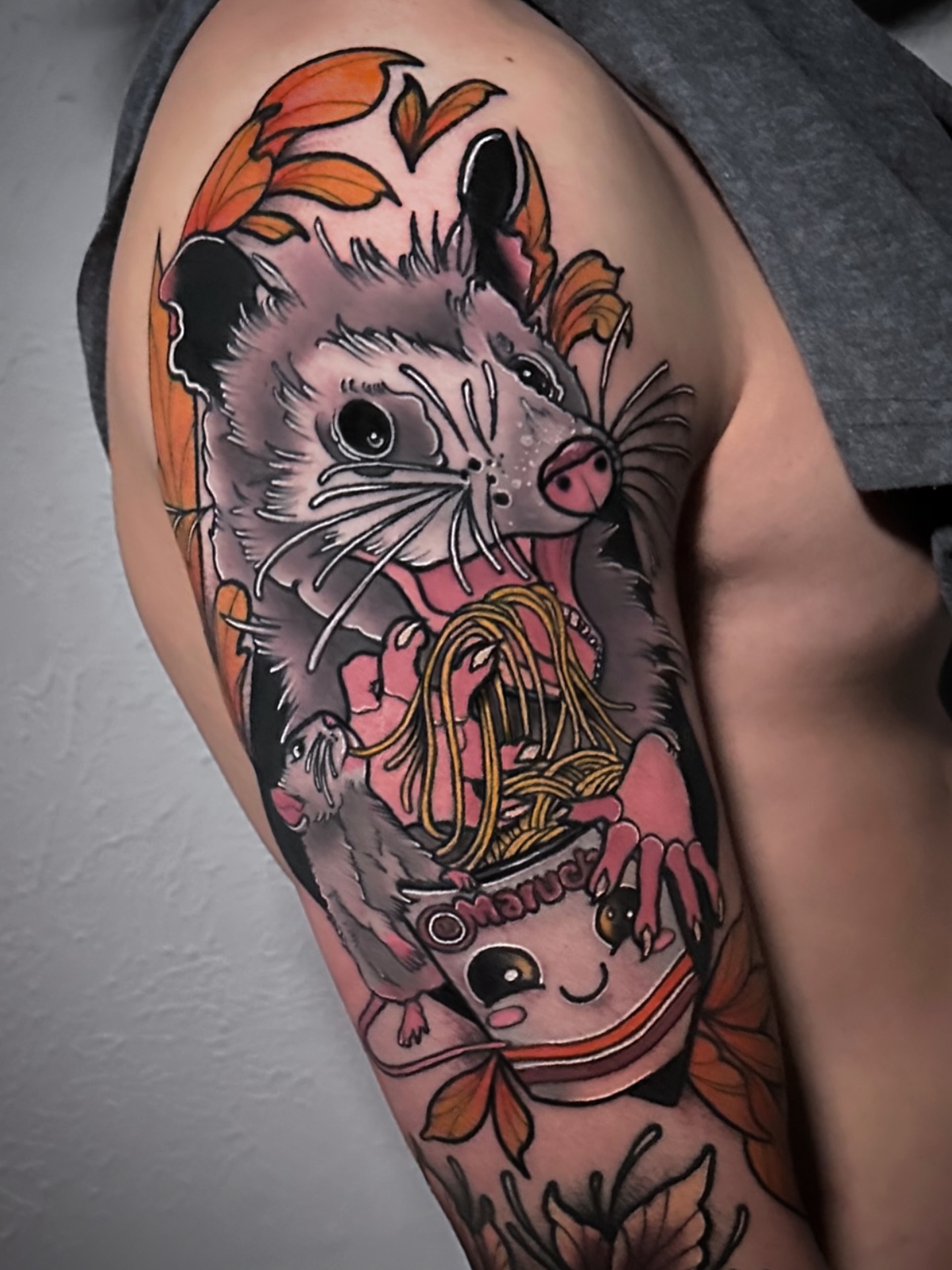 Possum and noodles American traditional tattoo on the thigh by Naysla Droguett