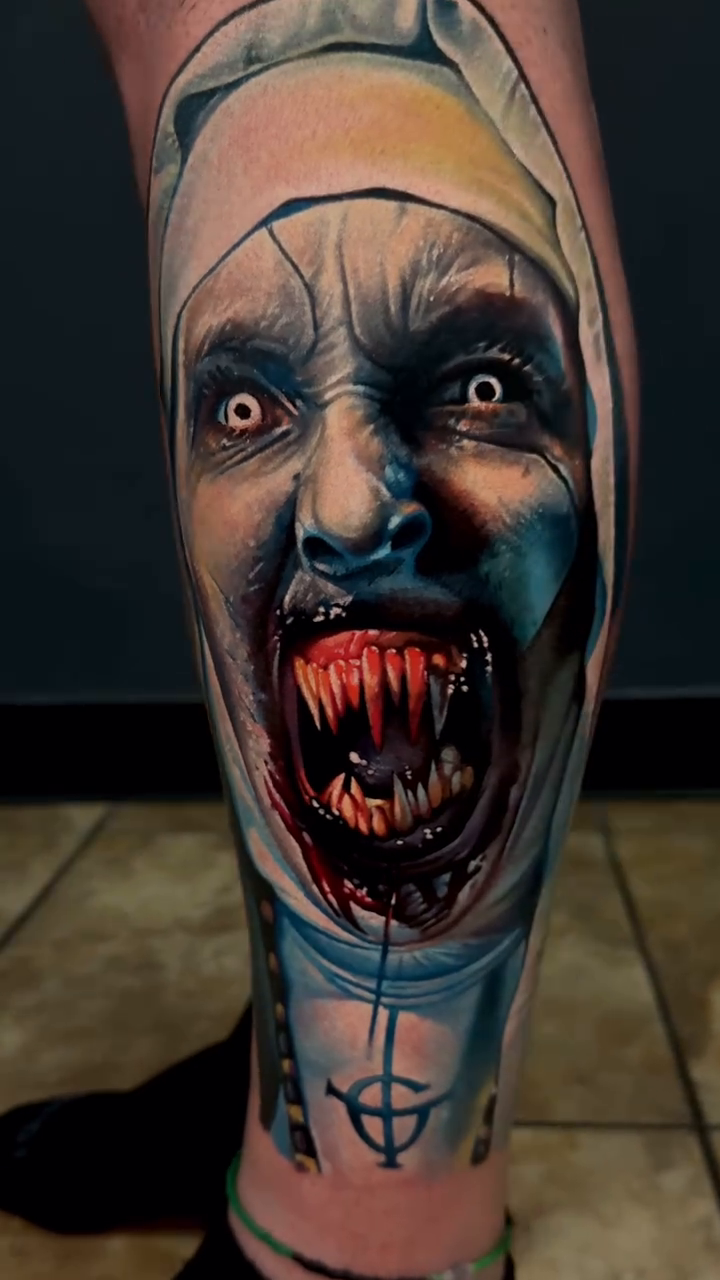 The Nun from The Conjuring realism tattoo on the forearm by Dmitriy Paramonov πΊπ¦