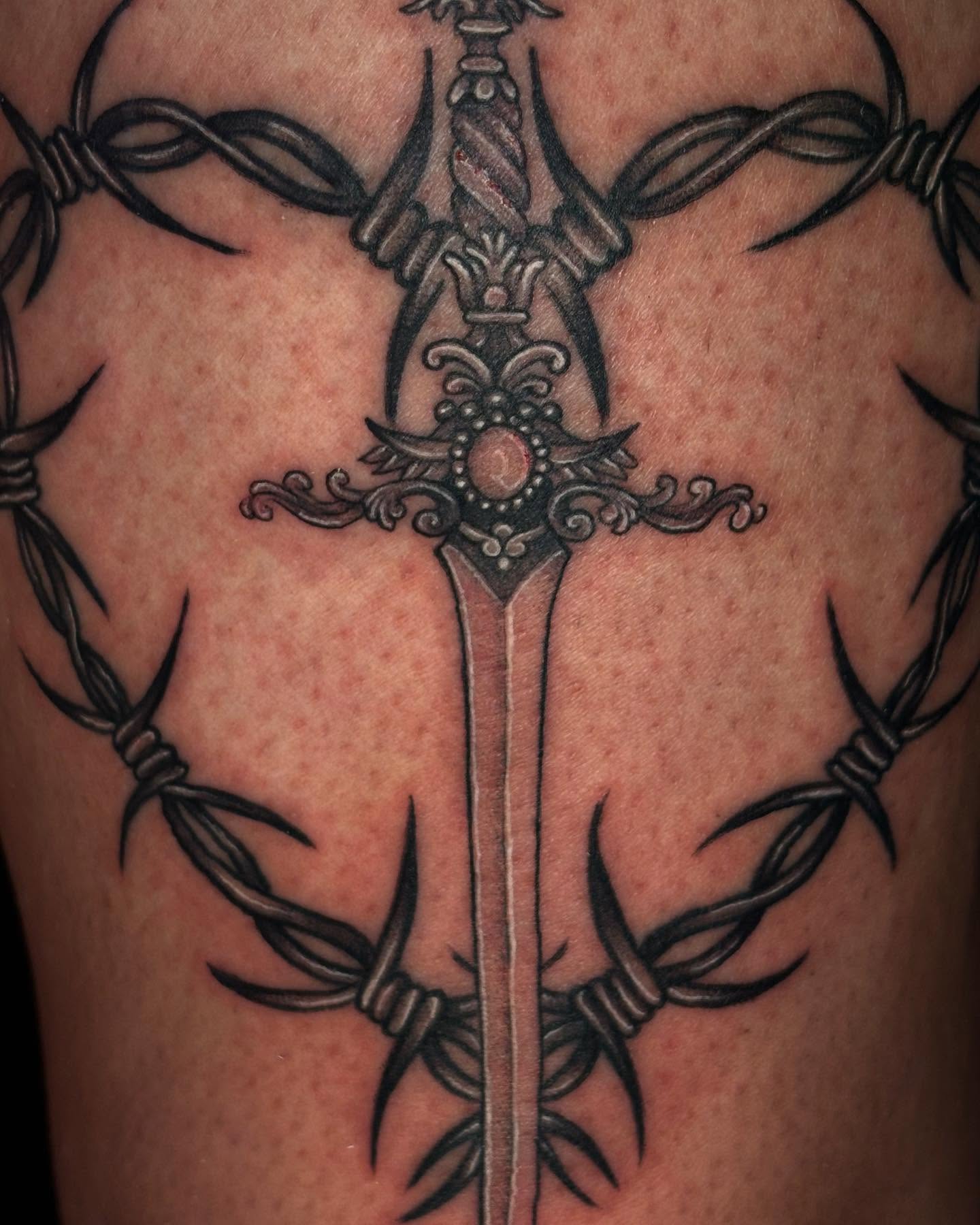 Cross with barbed wire ornamental tattoo on the thigh by ★𝔗𝔞𝔱𝔱𝔬𝔬𝔰 𝔟𝔶 𝔗𝔢𝔞𝔙𝔞𝔫𝔊𝔬𝔤𝔥 ★