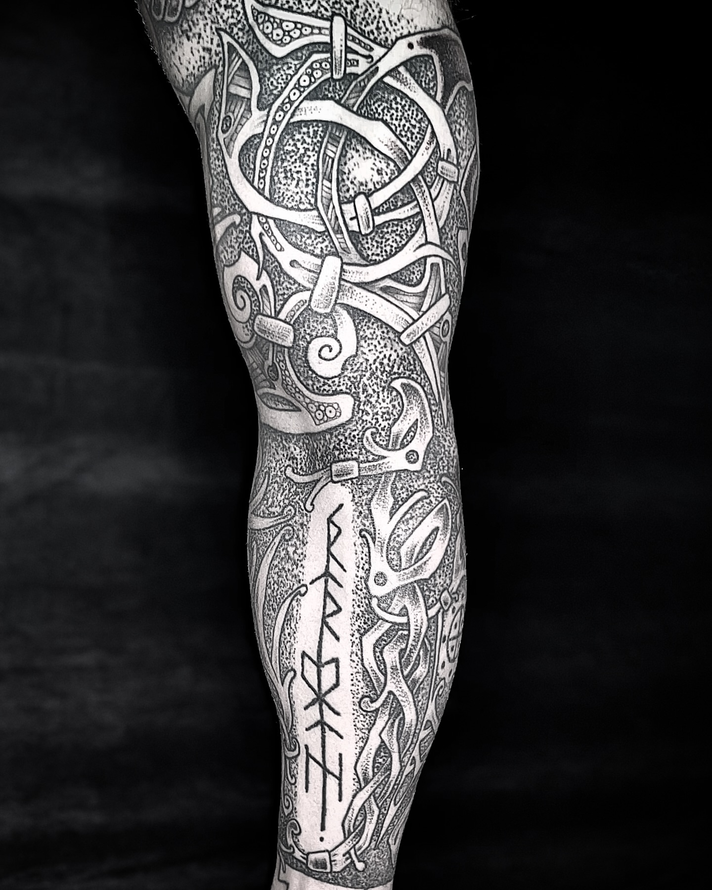 Viking runes and knotwork dotwork tattoo on the forearm by Will McCoy (Tattooist), Murray, Utah
