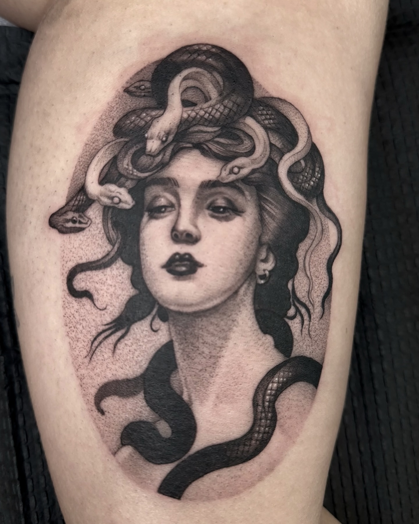 Medusa realism tattoo on the thigh by Carla AKA Turnip girl