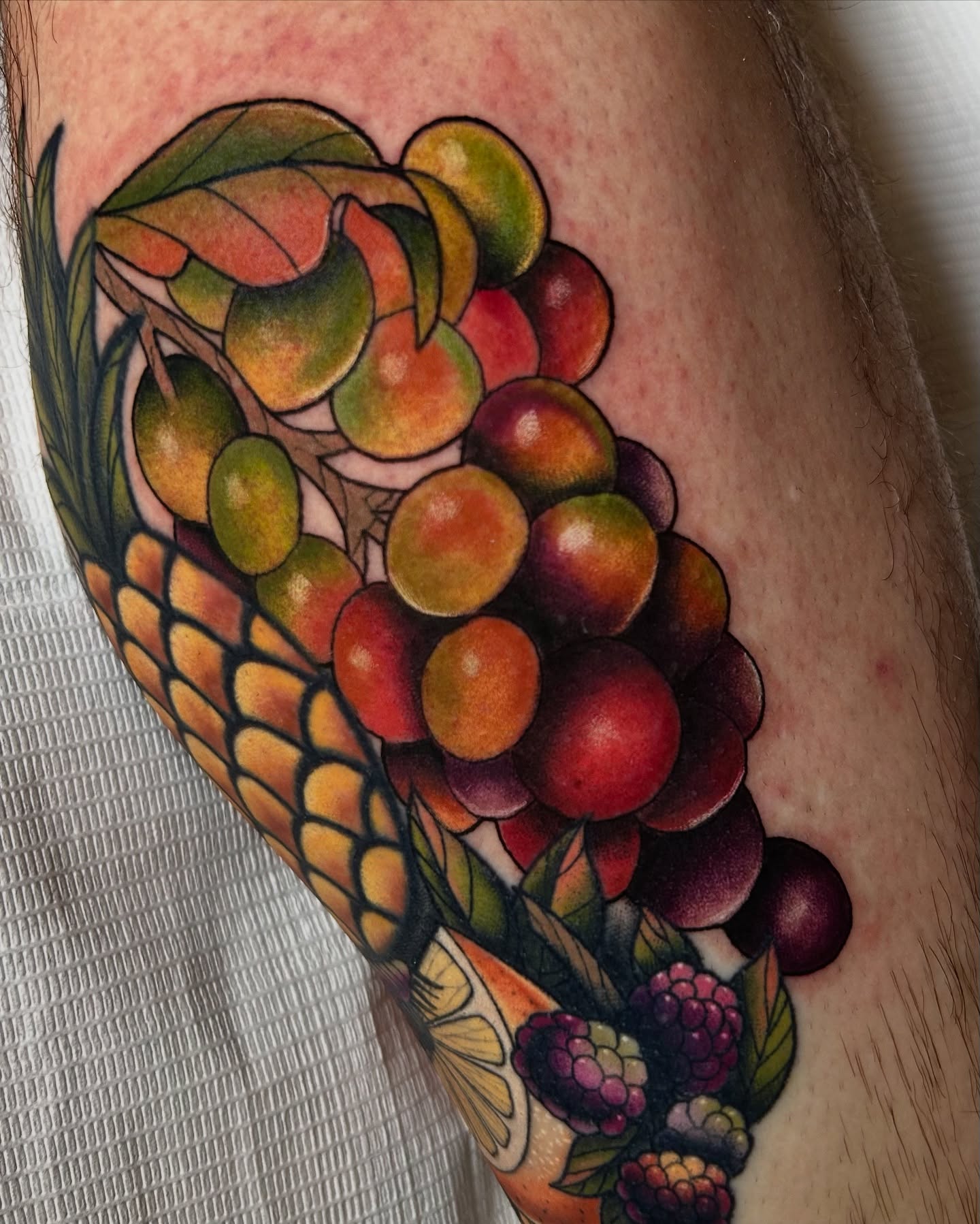 Grapes and leaves realism tattoo on the forearm by Tattoos By Lola Cavotta, Willoughby, Ohio