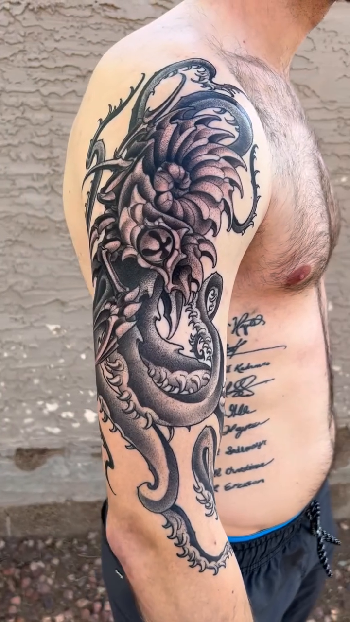 Dragon and chrysanthemum japanese irezumi tattoo by Byron Winkelman, Gilbert, Arizona