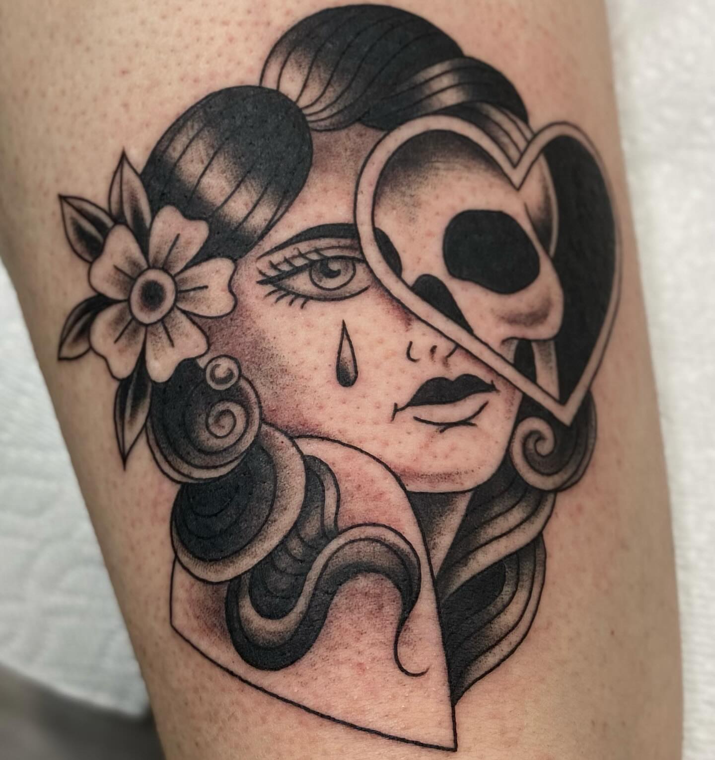 Woman with skull American traditional tattoo on the forearm by Kiera ❤️‍🔥