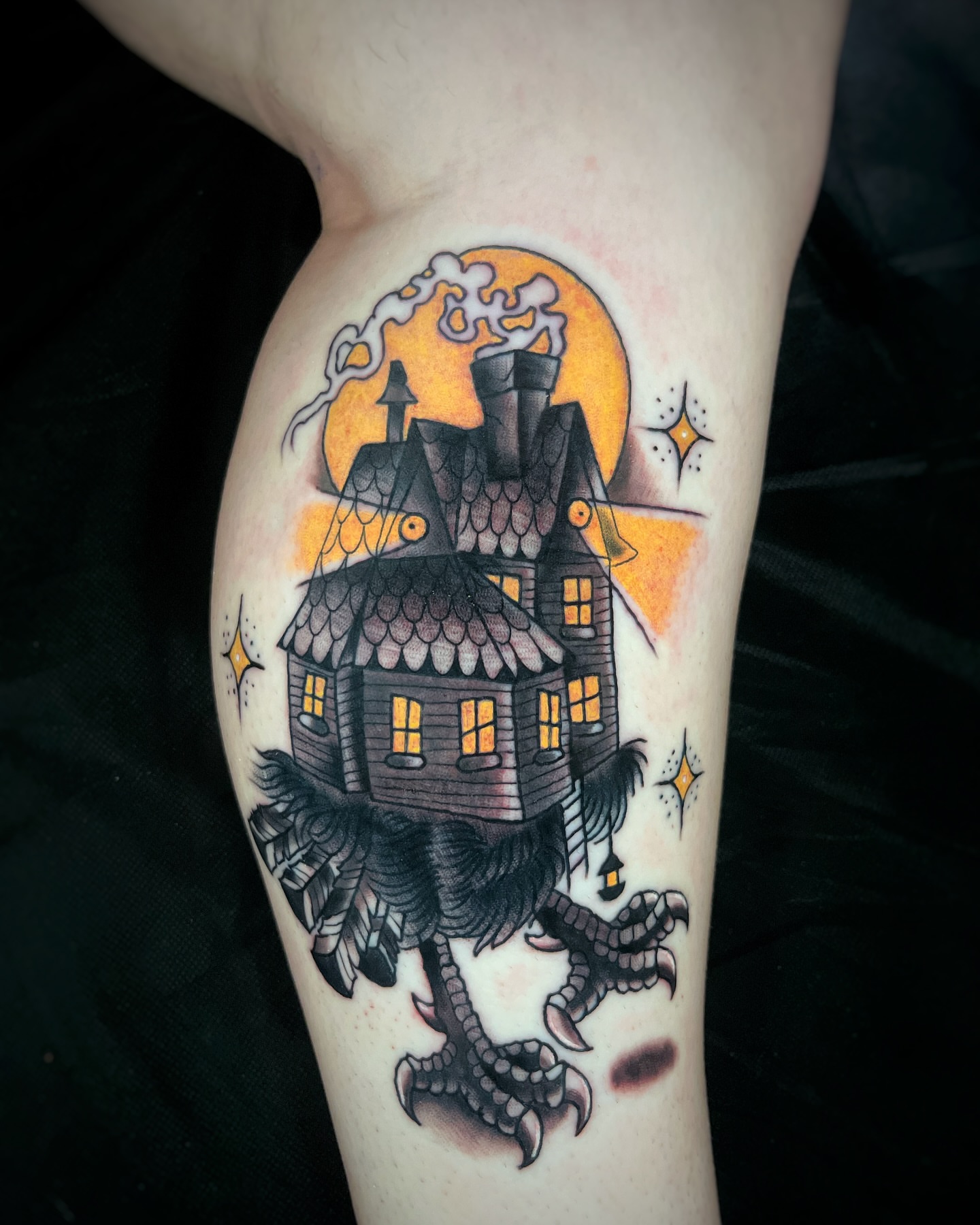 Haunted house American traditional tattoo on the forearm by Gilbert Gonzalez