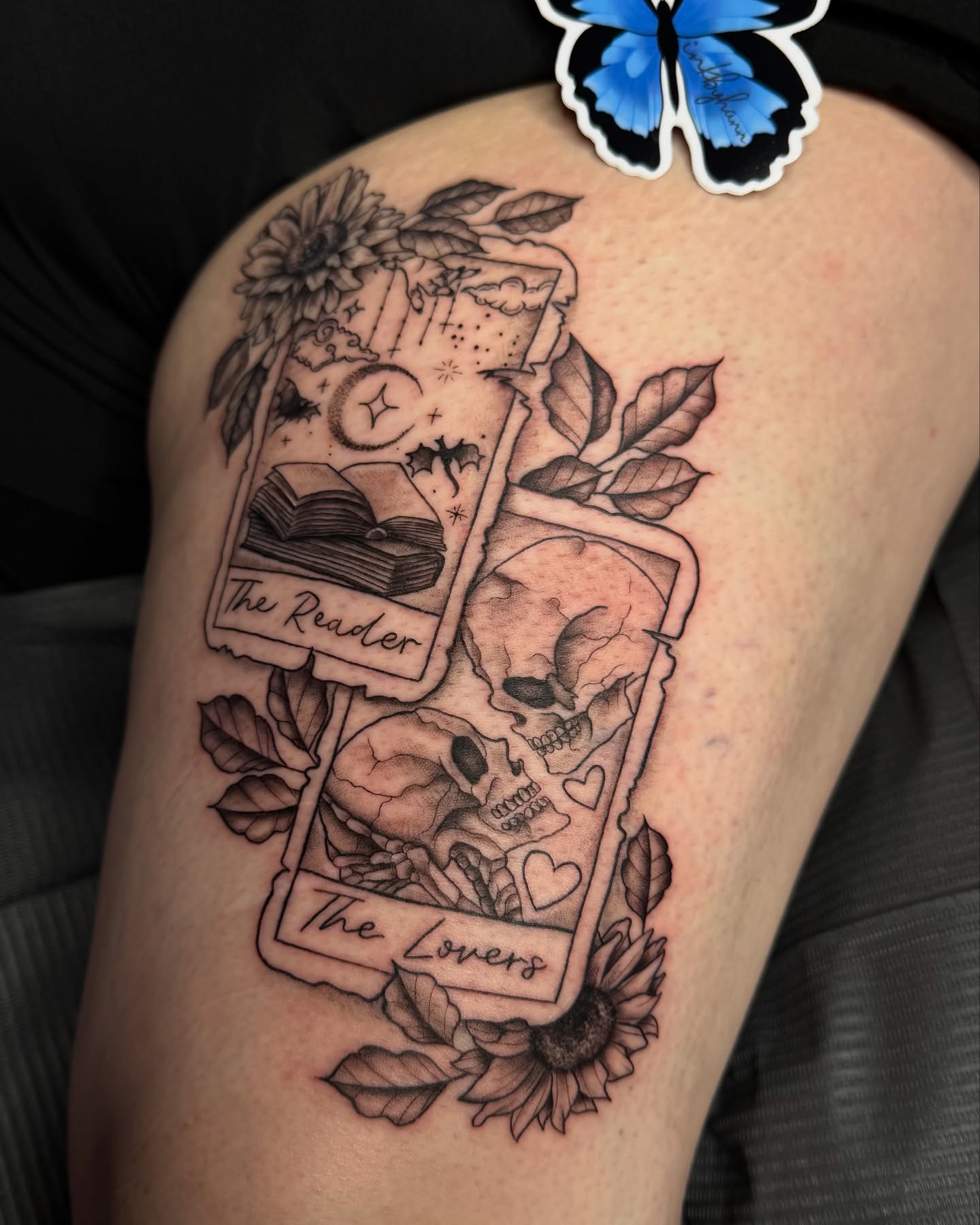 Tarot card realism tattoo on the thigh by Hannah Marie ๐ฆ, Benbrook, Texas
