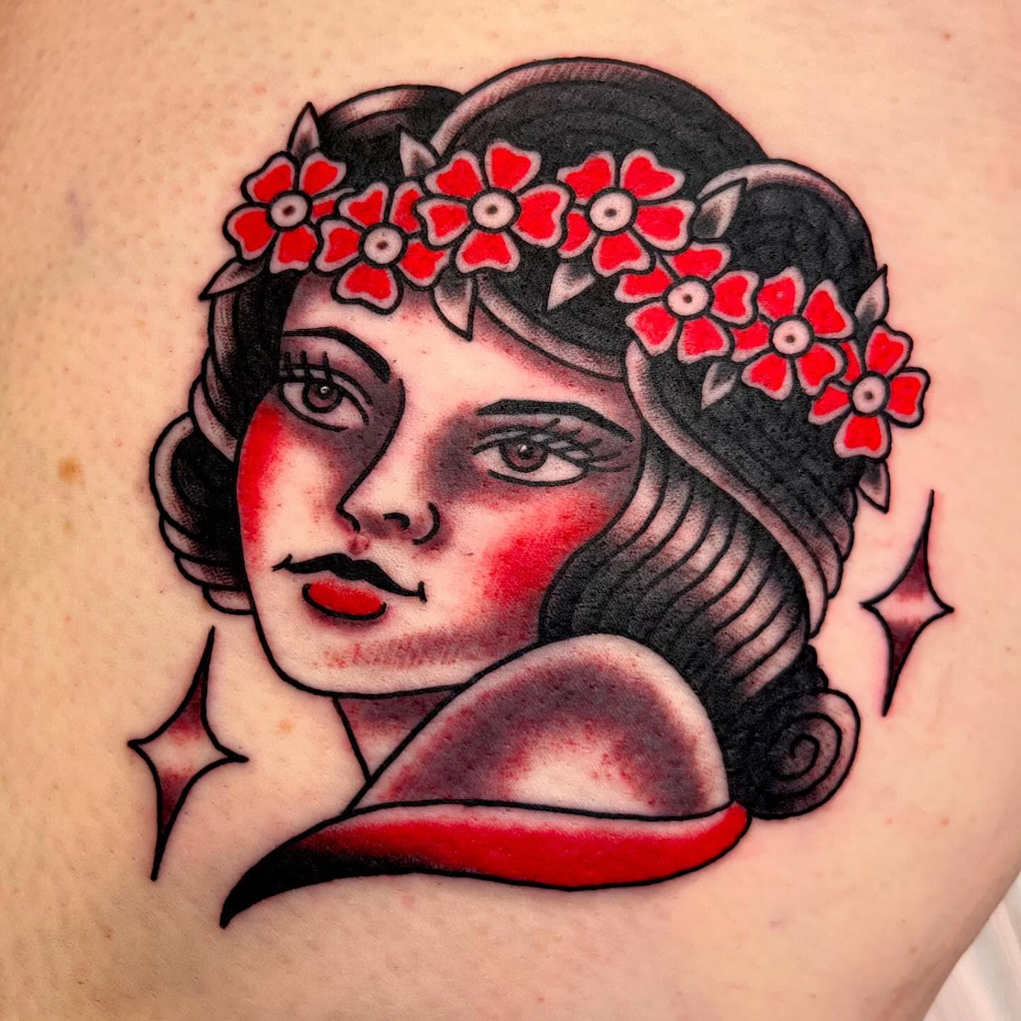 Woman with flowers American traditional tattoo on the shoulder by CJ Ligocki - Ferndale Detroit Michigan Tattoo, Ferndale, Michigan