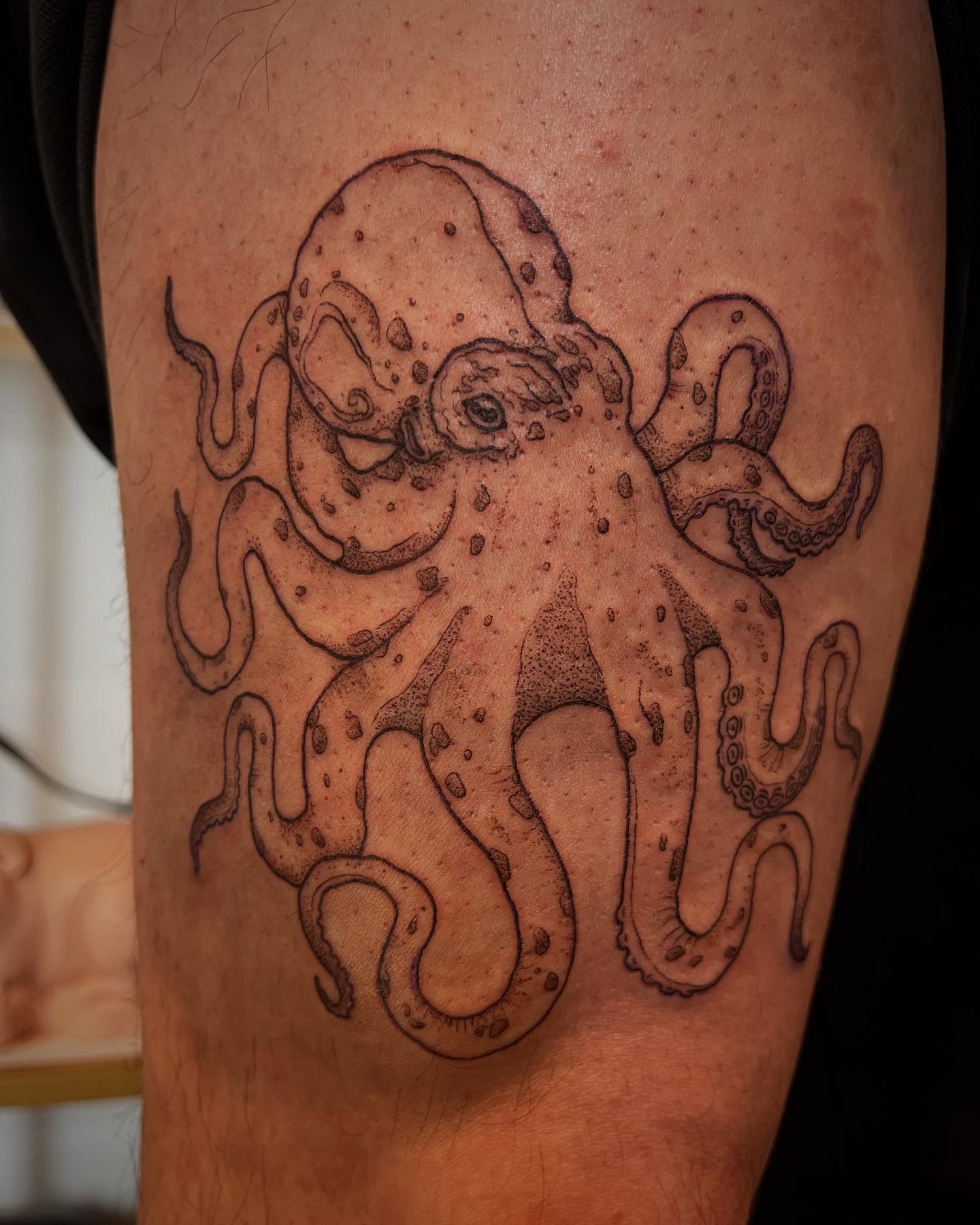 Octopus dotwork tattoo on the thigh by Peach ๐, Portland, Oregon