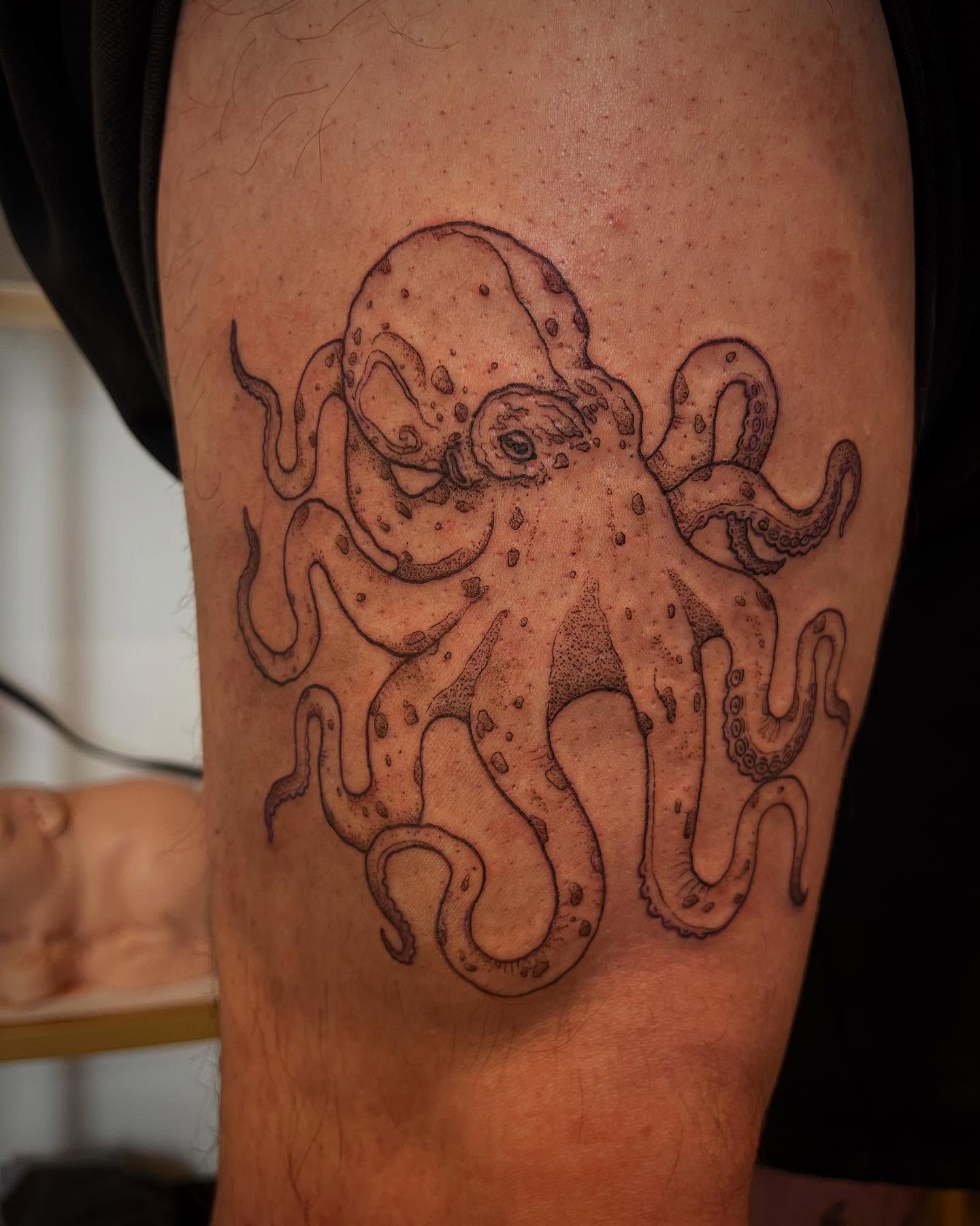 Octopus dotwork tattoo on the thigh by Peach ๐, Portland, Oregon