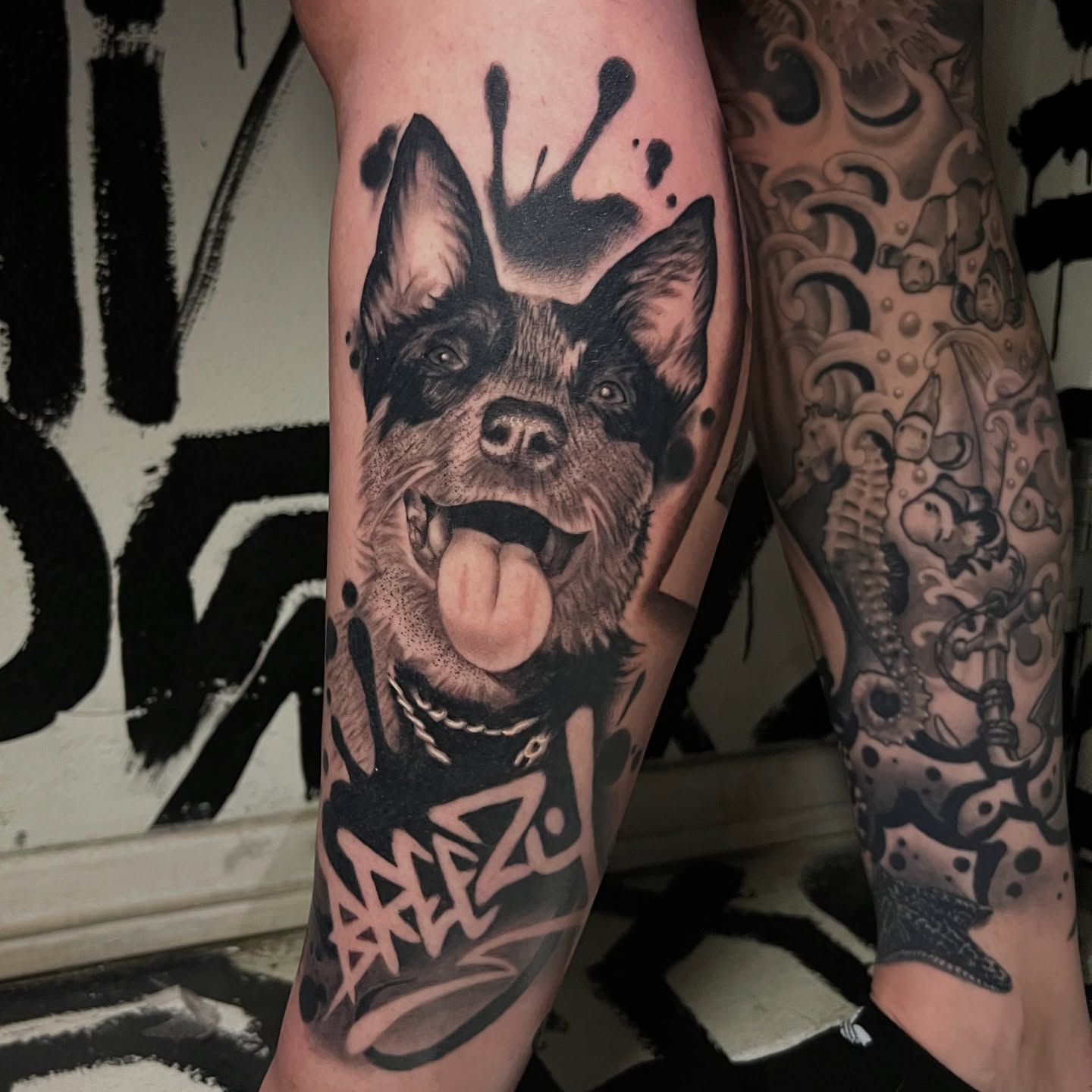 Dog realism tattoo on the forearm by Brittney