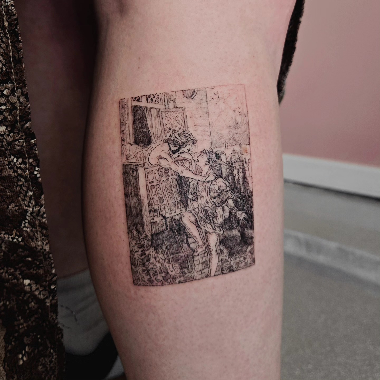 Book illustration black and grey tattoo on the thigh by Vintage tattoo