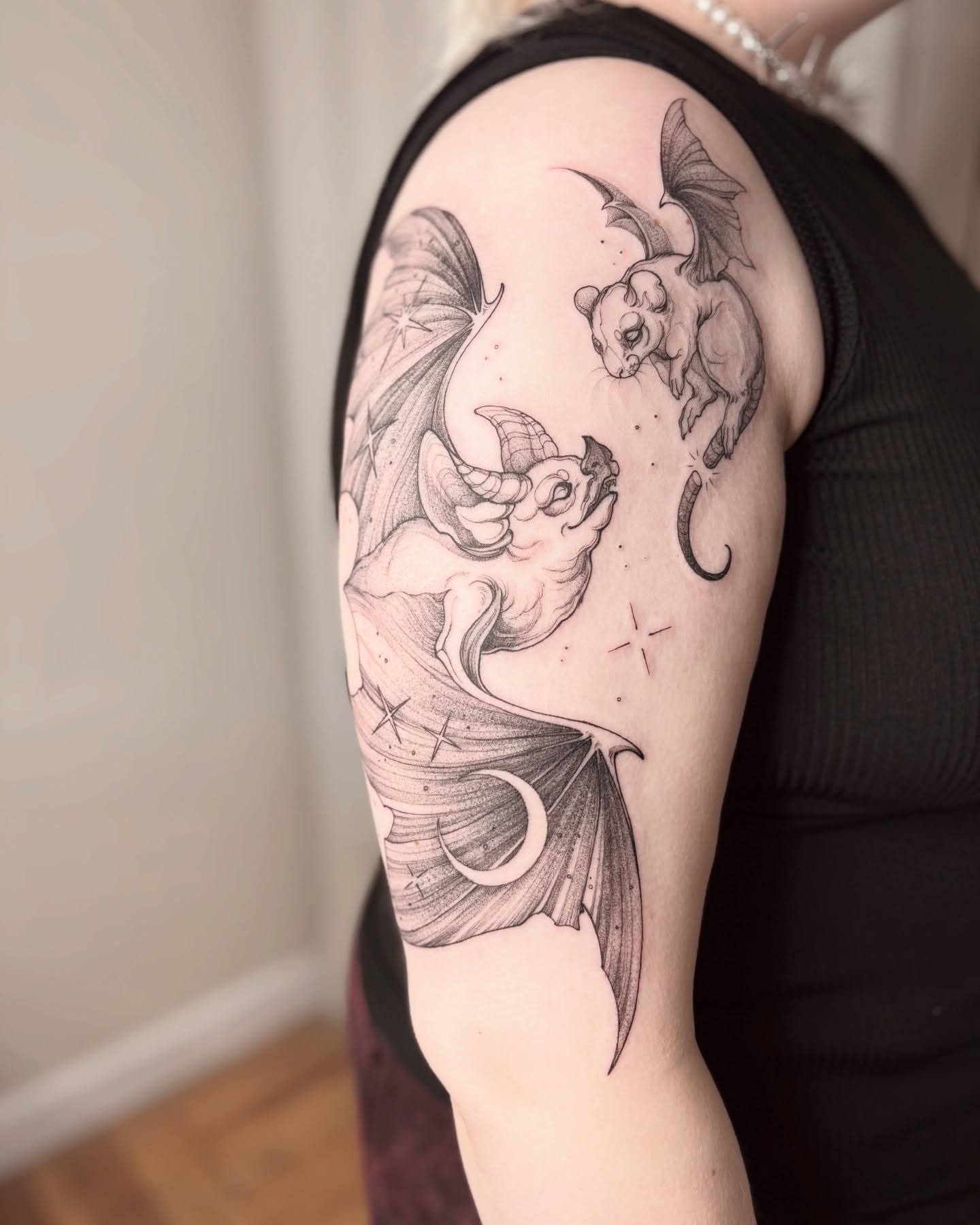 Mermaid and gargoyle realism tattoo on the shoulder by vaprol tattoo ✧ Boston