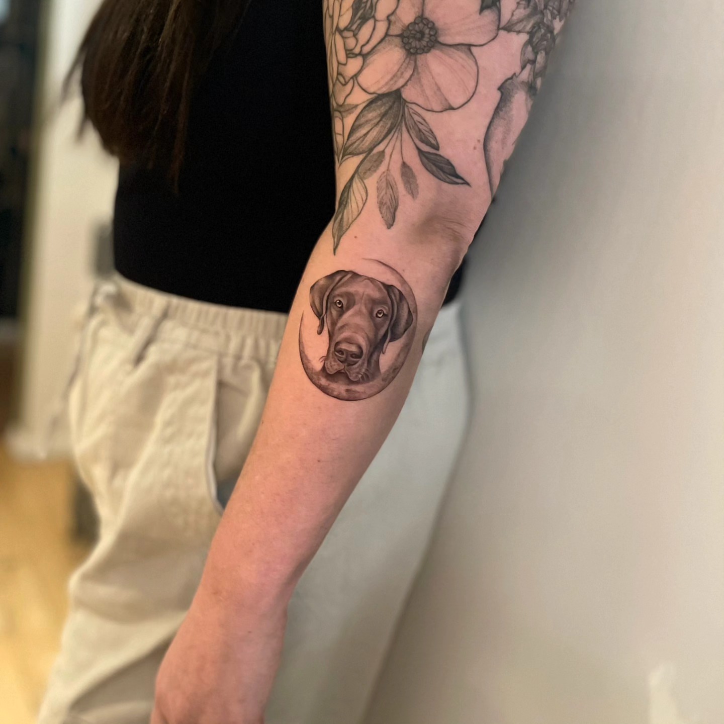 Dog realism tattoo on the forearm by Lynx, Cincinnati, Ohio