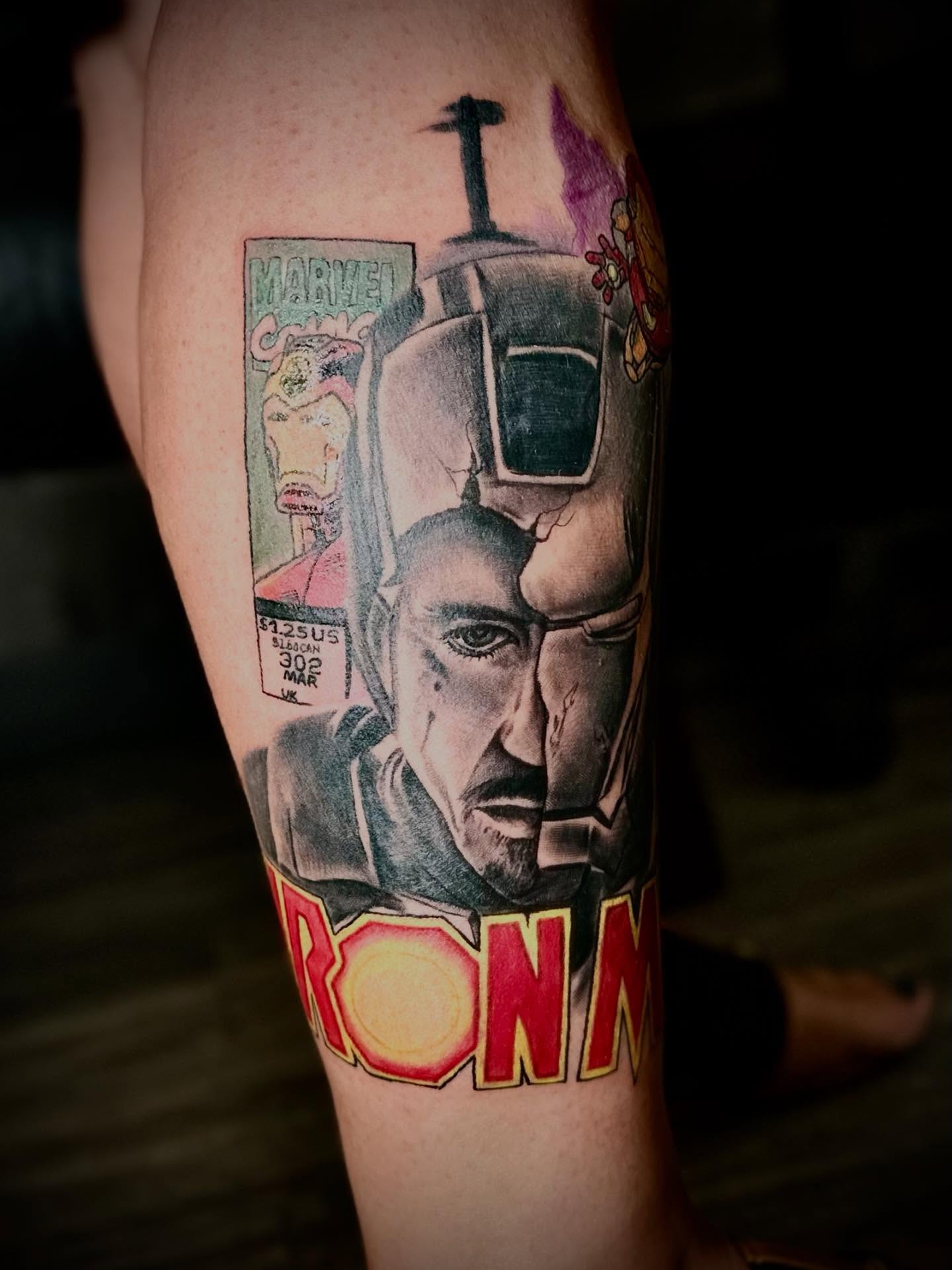 Iron Man helmet and Tony Stark realism tattoo on the forearm by Tattoo Artist Ian Day (Everlasting_Art_Ink)