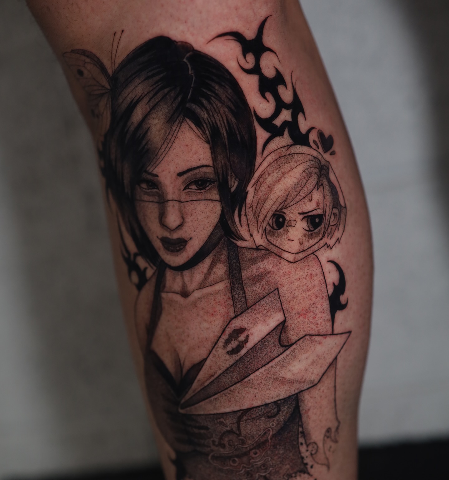 Woman and child dotwork tattoo on the forearm by Dana, Phoenix, Arizona