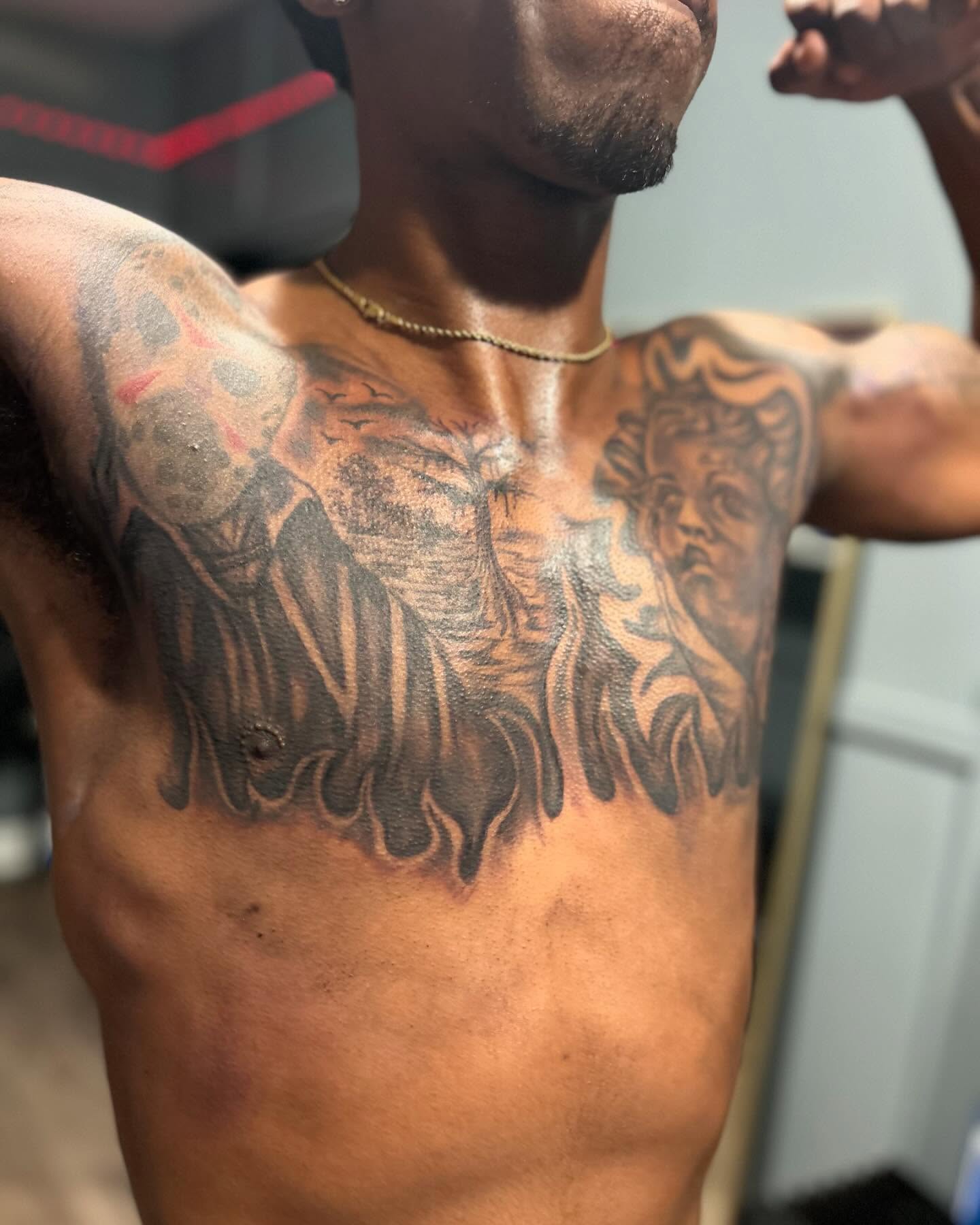 Lion and tree black and grey tattoo on the chest by DC