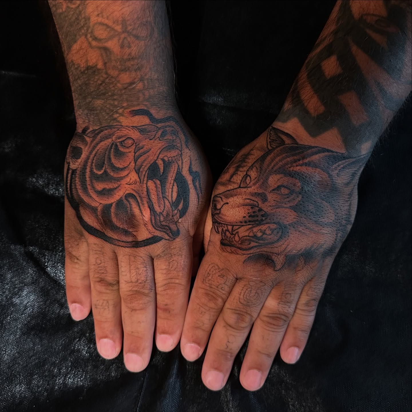 Wolf realism tattoo on the hand by alex h🪴 neotrad