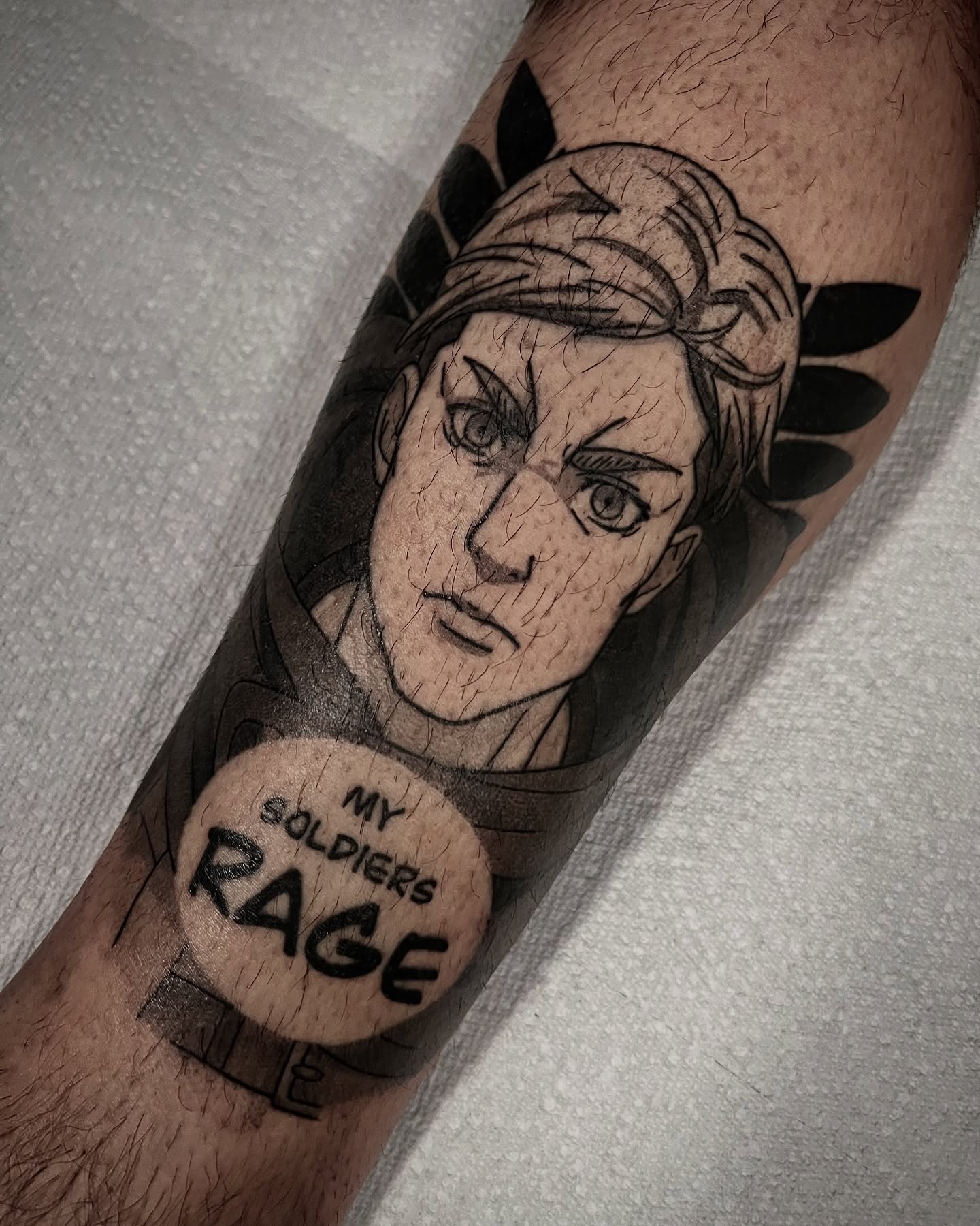 Angry soldier black and grey tattoo on the forearm by Chandler Roe