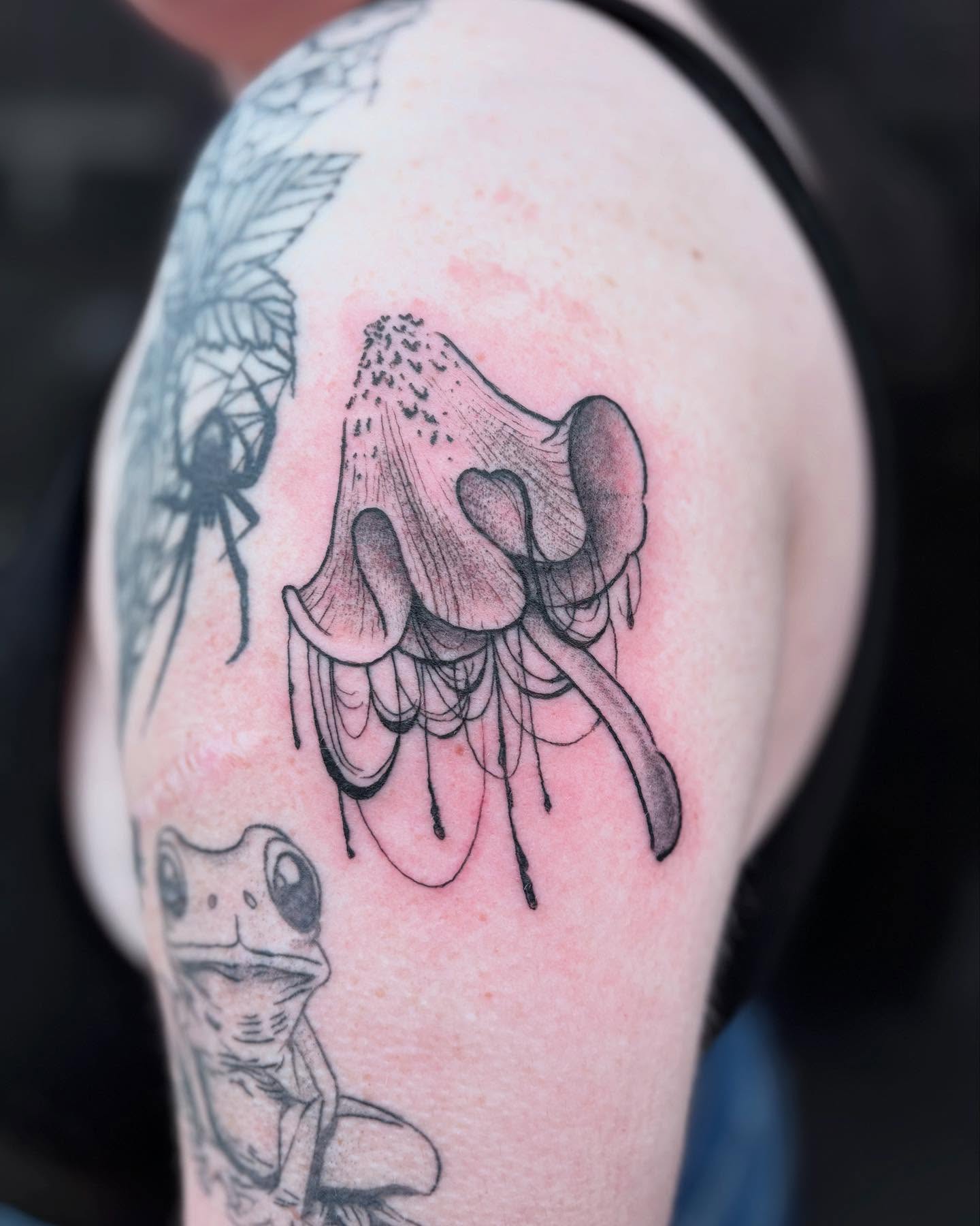 Mushroom dotwork tattoo on the shoulder by π»πΈπ½π½, Ypsilanti, Michigan