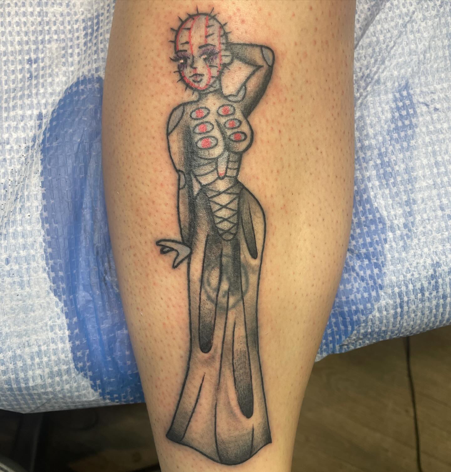 Pinhead black and grey tattoo on the leg by 𓉸ྀི lola hoax tattoos𓉸ྀི