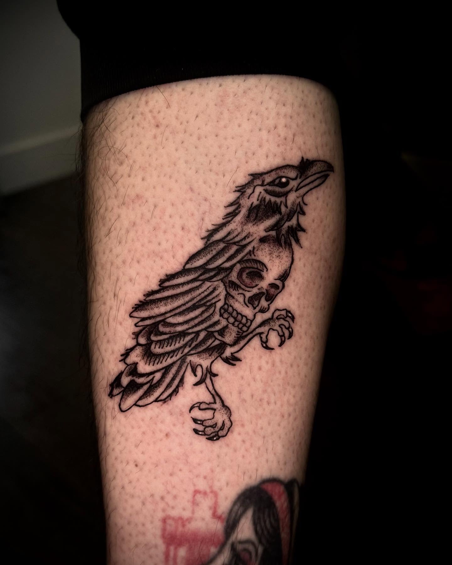 Crow with skull dotwork tattoo on the forearm by Pikashi 🎨🖌️🖤