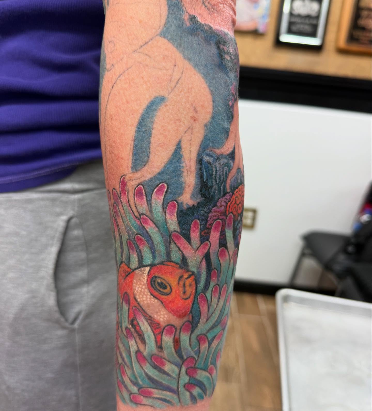 Underwater scene new school tattoo on the forearm by Hori Bensei, Charlottesville, Virginia