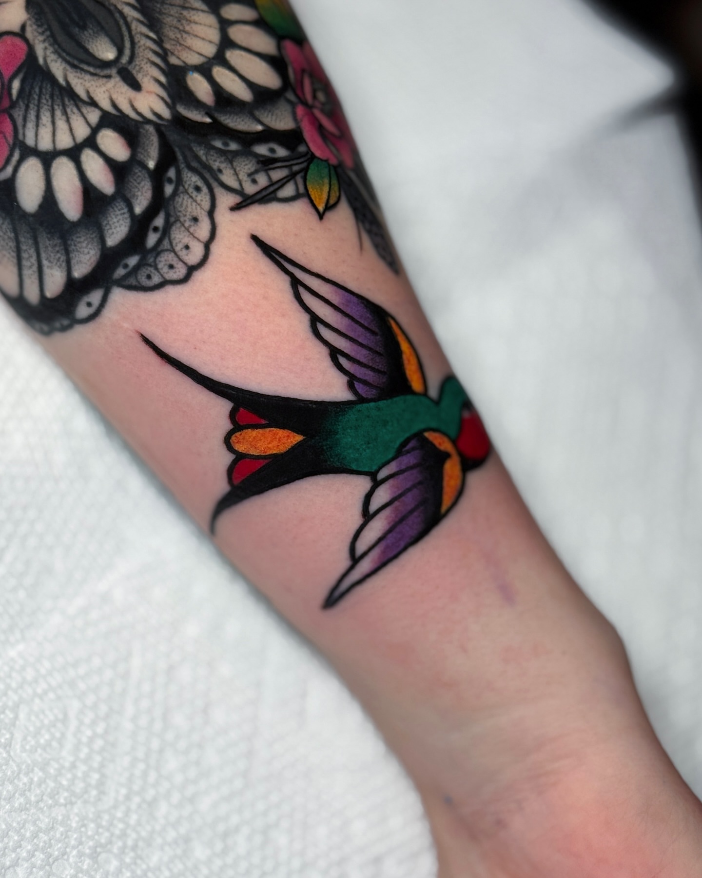 Hummingbird American traditional tattoo on the forearm by οΌππ¨ππ¨οΌ, New York, New York