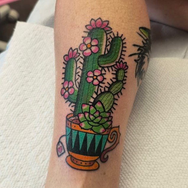 Cactus and succulents American traditional tattoo on the forearm by Alexa Wolfkiel