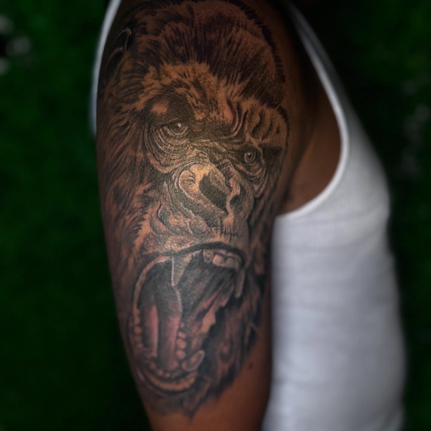 Gorilla realism tattoo on the upper arm by Los Angeles Tattoo Artist