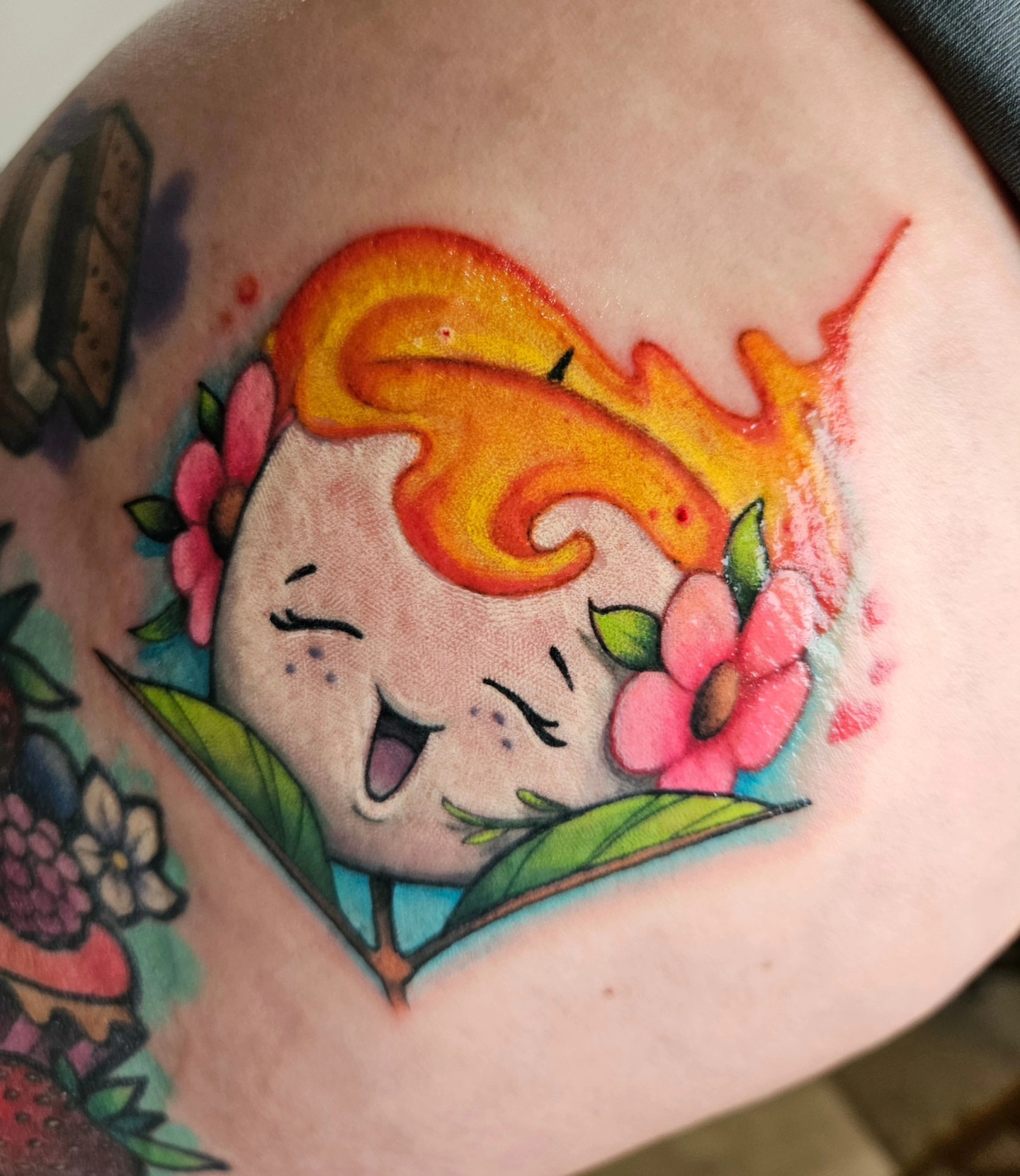 Flaming cat American traditional tattoo on the shoulder by Angell Tattoo Artist, Denver, Colorado