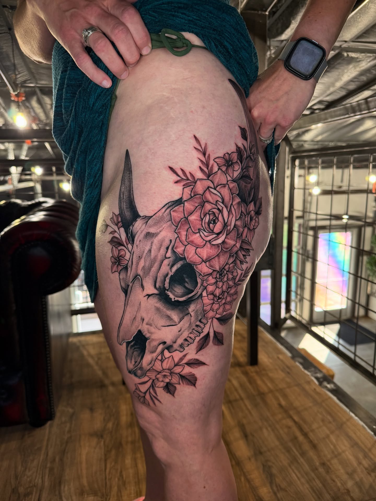 Rhino skull with roses realism tattoo on the thigh by πππππ βππ£π£ππ€ππ , Tucson, Arizona