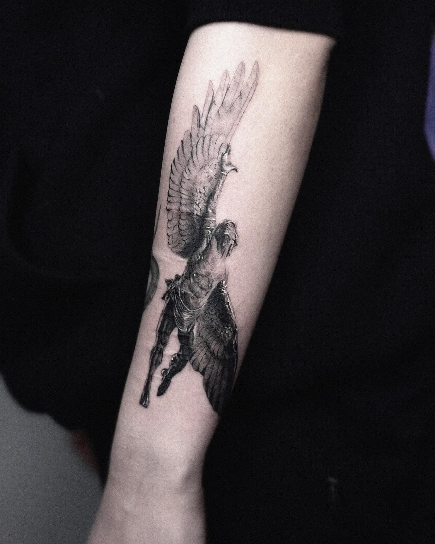 Winged warrior realism tattoo on the forearm by Seraph Geometry