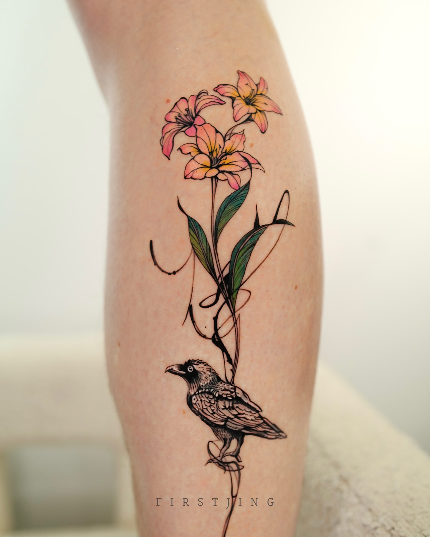 Flowers and crow black and grey tattoo on the forearm by Seattle