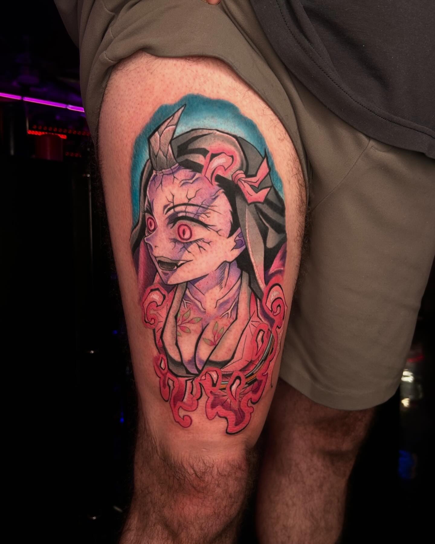 Demon anime tattoo on the thigh by Tattoos by Abbey