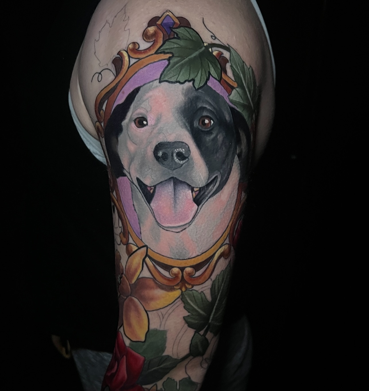Dog portrait realism tattoo on the forearm by Emily Walker